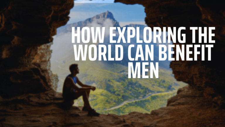 A traveler is sitting inside what looks like a cave looking on to the serene mountains, gazing at the horizon, symbolizing the transformative power of travel on mental and physical well-being Travel's impact on men's health Travel's impact on men's health